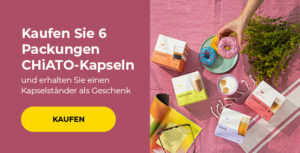 Kaufen Sie 6 Packungen CHiATO-Kapseln und erhalten Sie einen Kapselständer als Geschenk.