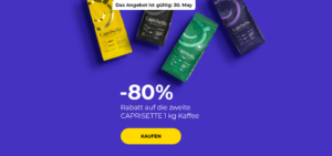 "Tolles Angebot beim Kauf von zwei Packungen! 80% Rabatt auf die zweite CAPRISETTE 1 kg Kaffee"